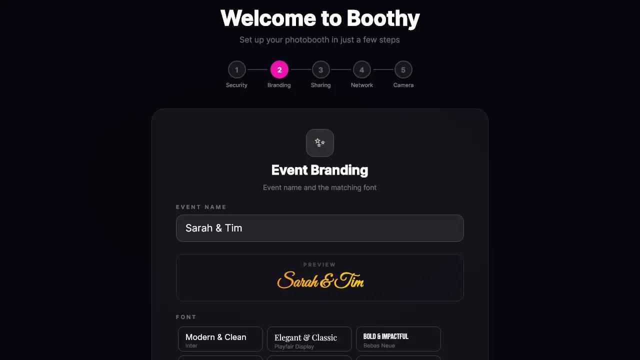 Setup wizard, branding step: event name “Sarah & Tim” with font and colour choice