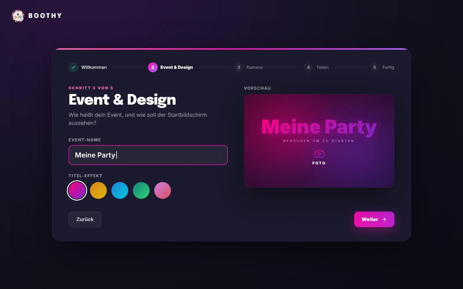 Der Einrichtungsassistent der Boothy-Software beim ersten Start