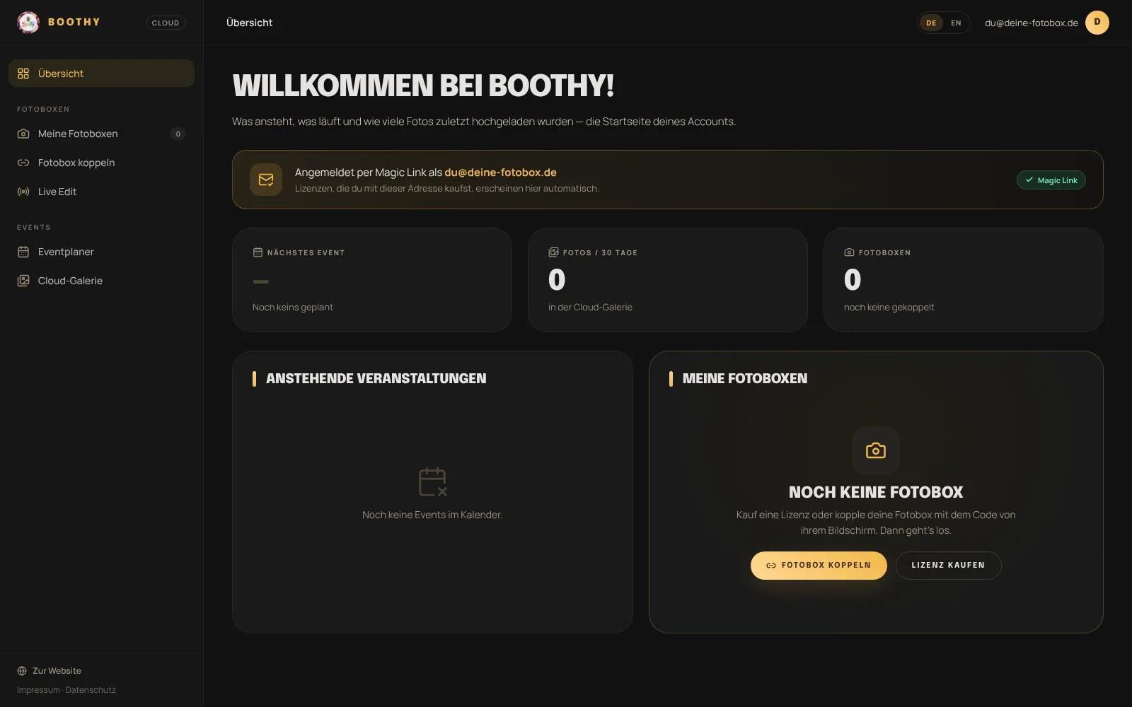 Das leere Boothy-Dashboard direkt nach der ersten Anmeldung, noch ohne Fotobox