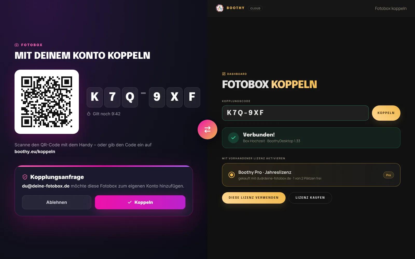 Links die Fotobox mit Kopplungscode und QR-Code, rechts das Dashboard beim Koppeln