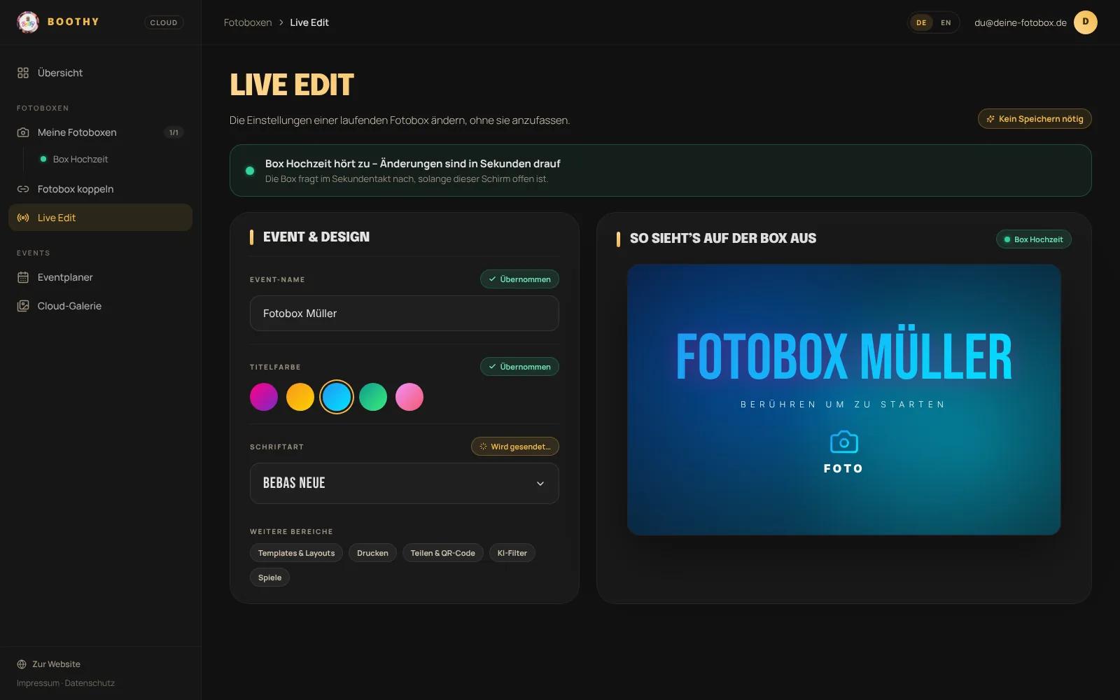 Live Edit im Boothy-Cloud-Dashboard mit Vorschau des Startbildschirms