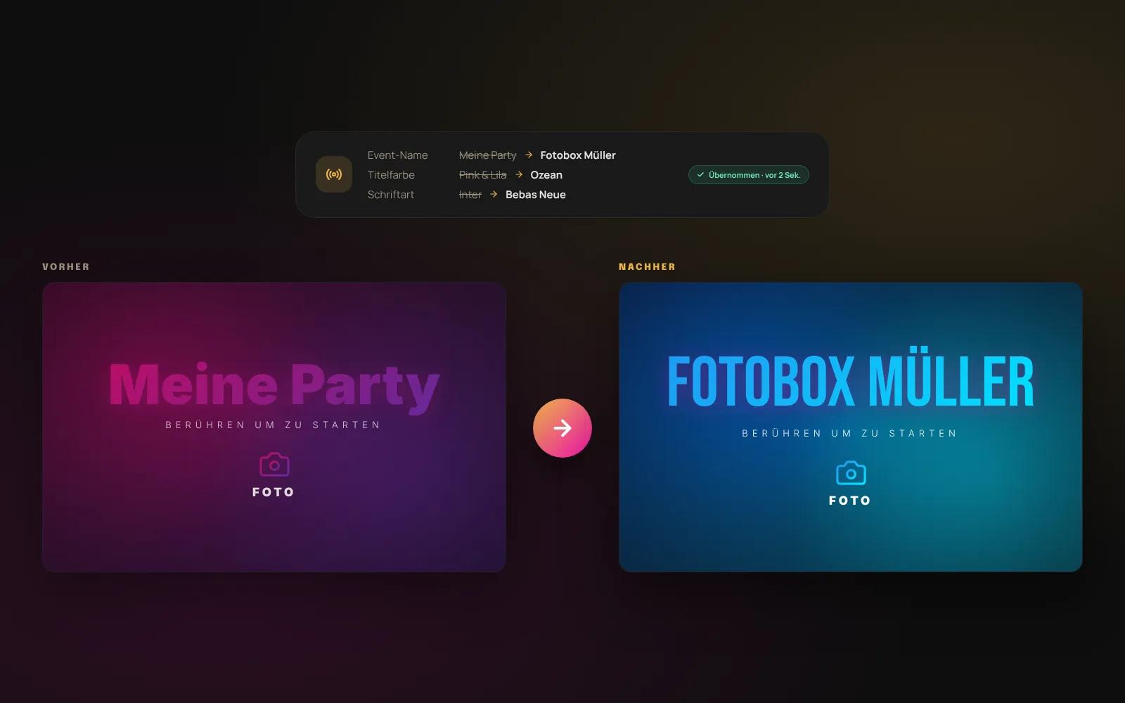 Vorher und nachher: Der Startbildschirm der Fotobox mit neuem Eventnamen, neuer Farbe und neuer Schrift