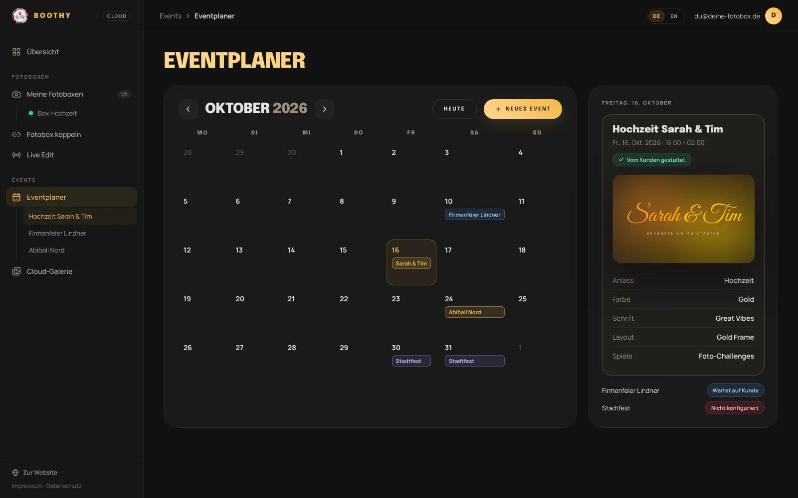 Der Eventplaner im Dashboard mit der Hochzeit von Sarah und Tim im Kalender