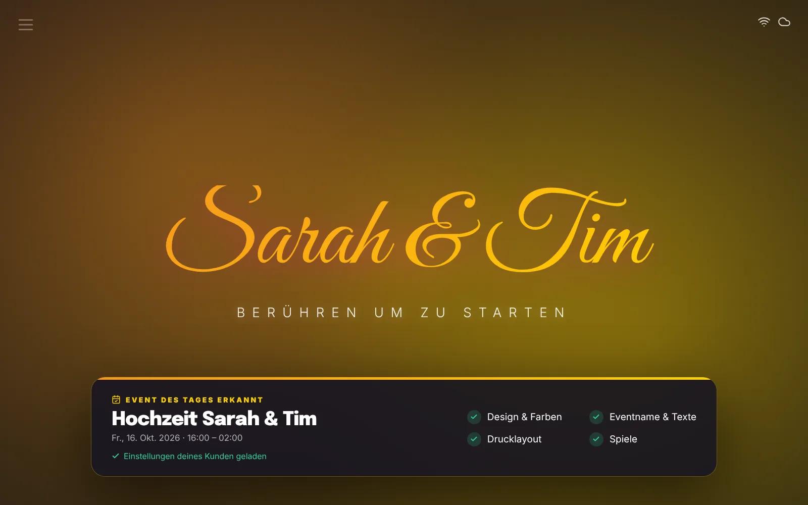 Die Fotobox am Eventort lädt die Einstellungen der Hochzeit von Sarah und Tim