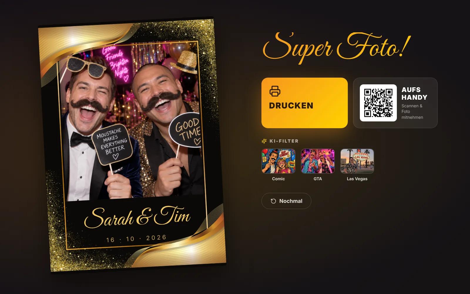 Ergebnis-Bildschirm mit fertigem Foto, Drucken-Button, QR-Code und KI-Filtern
