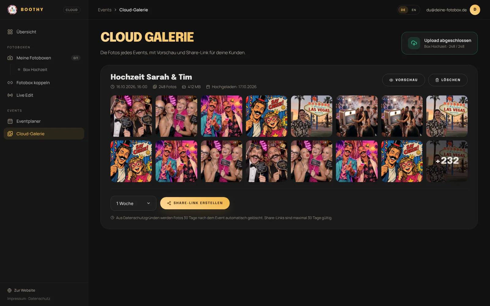 Die Cloud-Galerie im Dashboard mit den Fotos der Hochzeit
