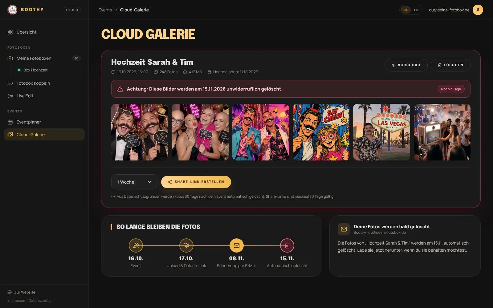 Die Cloud-Galerie mit dem Hinweis, wann die Fotos automatisch gelöscht werden
