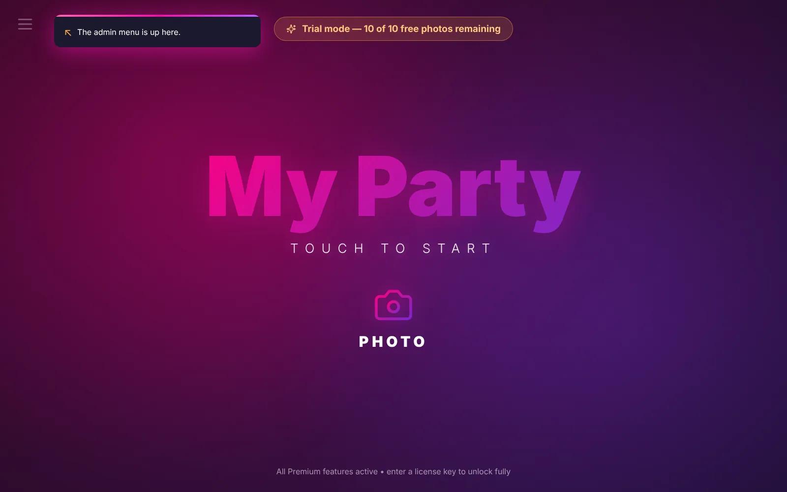 The booth start screen in trial mode, showing the free test photos left