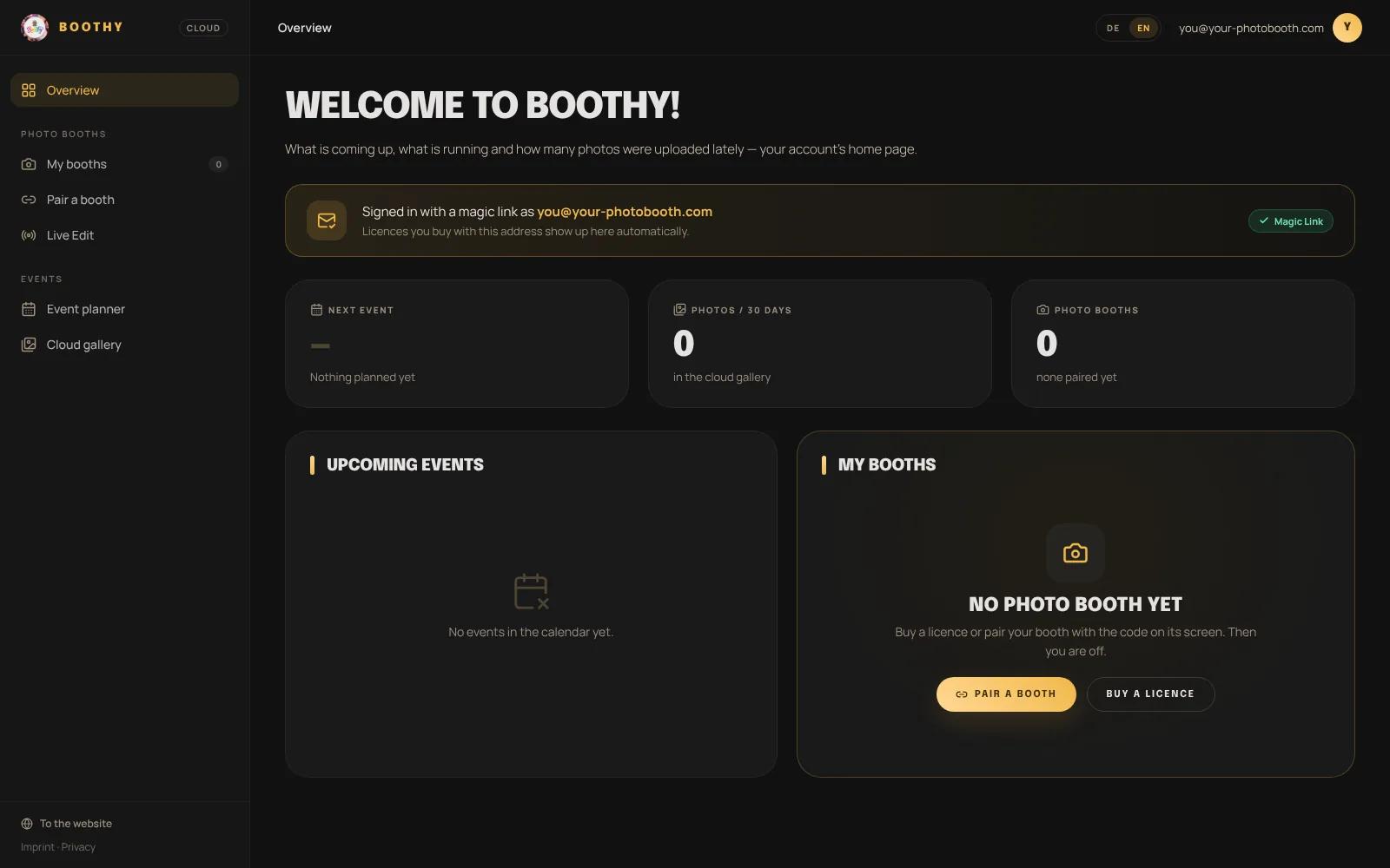 The empty Boothy dashboard right after the first sign-in, without a booth yet