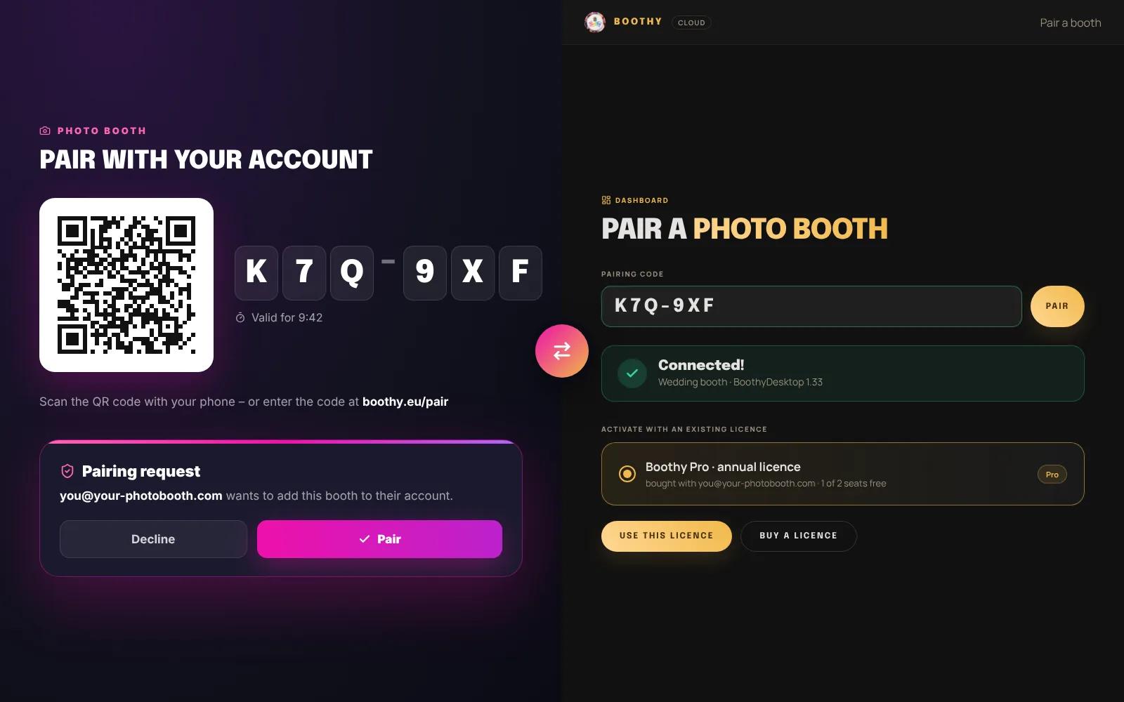 On the left the booth with its pairing code and QR code, on the right the dashboard pairing it
