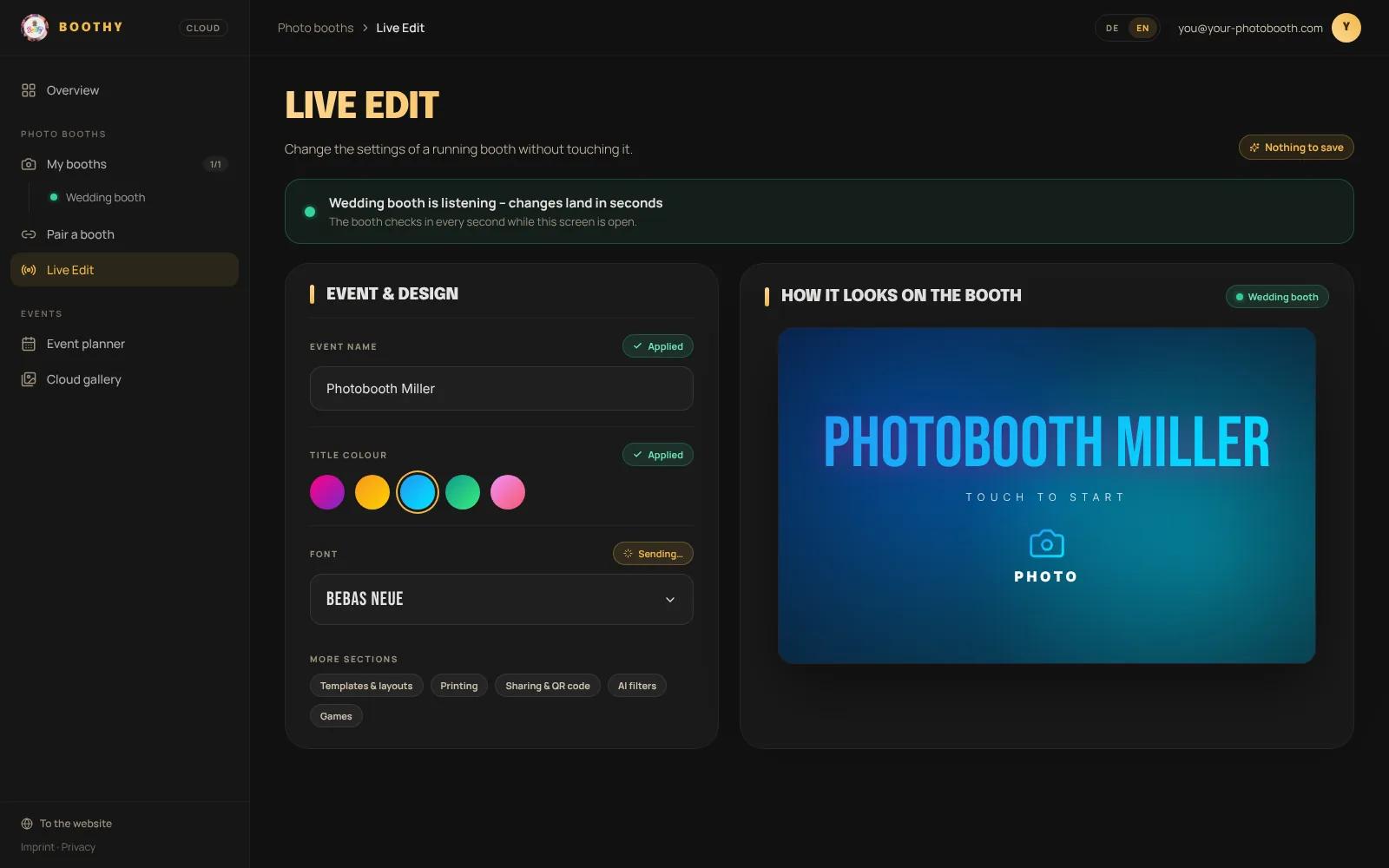 Live Edit in the Boothy Cloud dashboard with a preview of the start screen