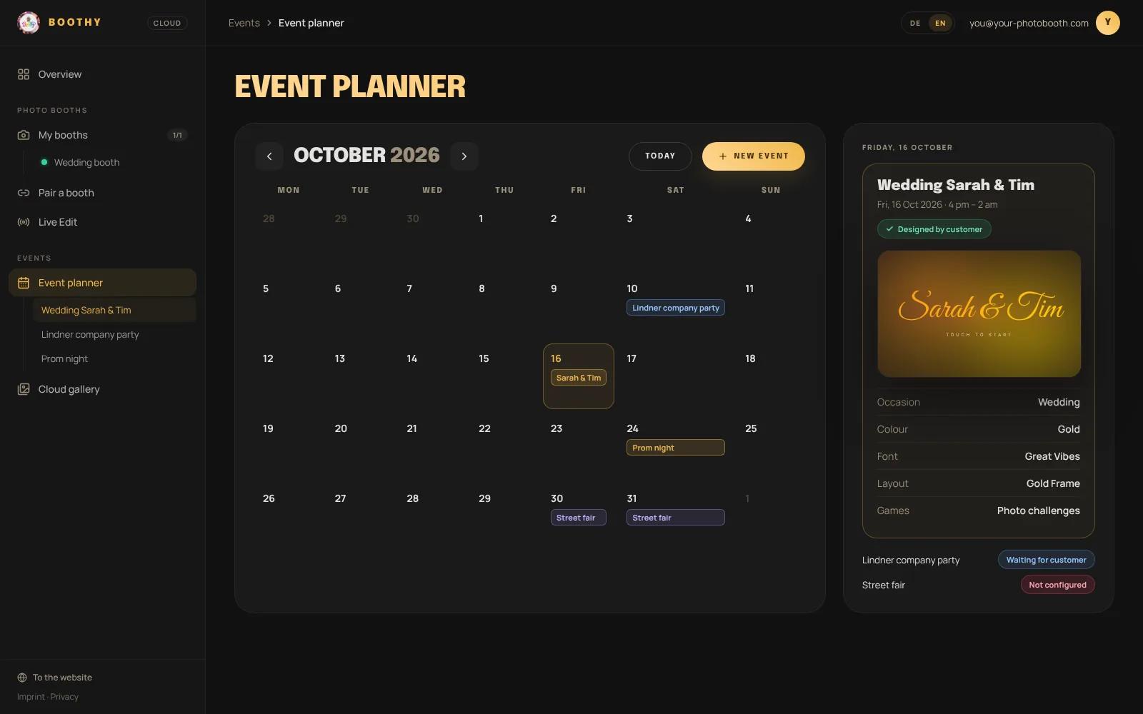 The event planner in the dashboard with Sarah and Tim’s wedding in the calendar