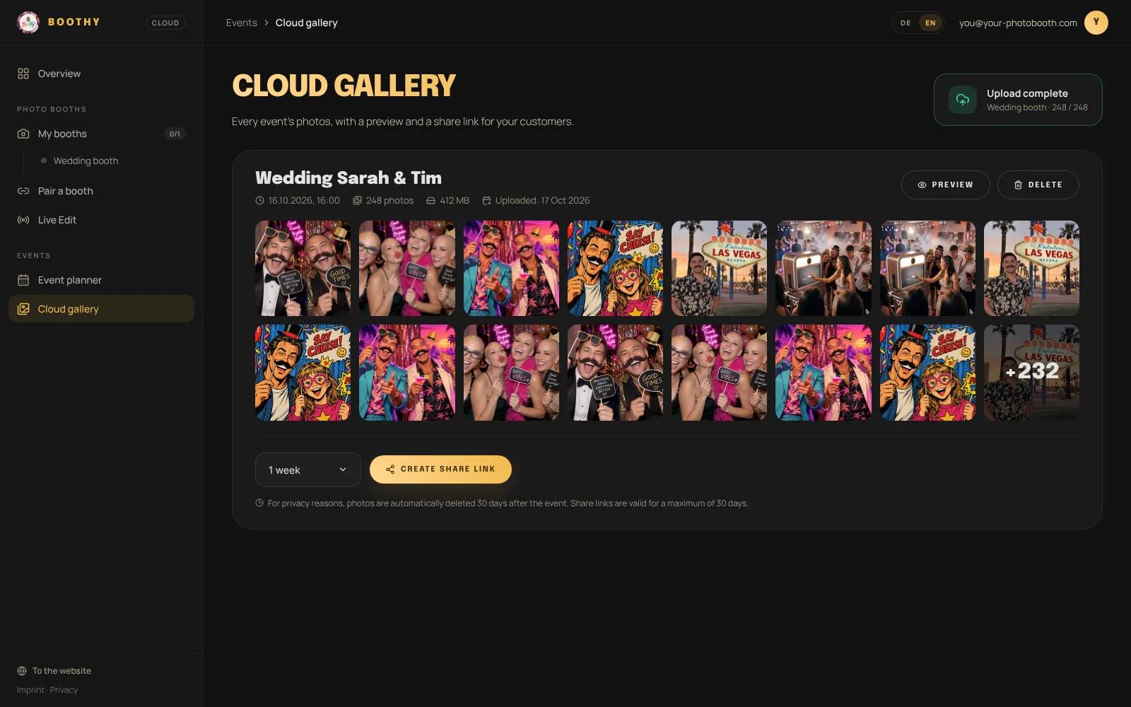 The cloud gallery in the dashboard with the wedding photos