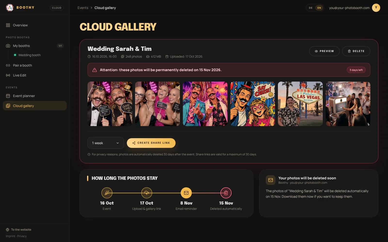 The cloud gallery showing when the photos will be deleted automatically